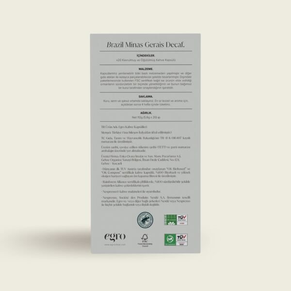 Brazil, Minas Gerais DecafBrazil, Minas Gerais Decaf (Kafeinsiz) I Nespresso® Uyumlu 10'lu Kapsül Kahve I 100% Evde-Kompostlanabilir Kapsül Kahve x 20 Adet
