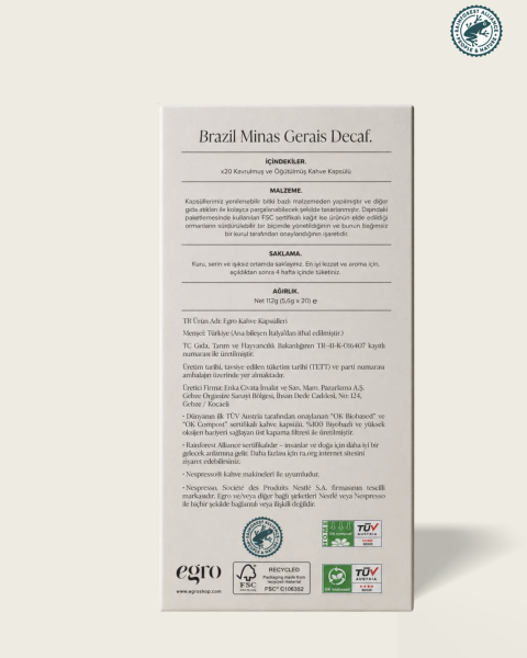 Brazil, Minas Gerais Decaf (Kafeinsiz) I Nespresso® Uyumlu Evde-Kompostlanabilir Kapsül Kahve x 20 Adet
