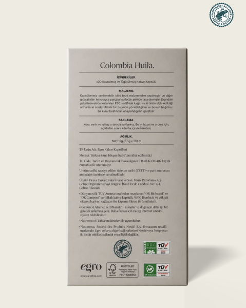 Colombia, Huila I Nespresso® Uyumlu Evde-Kompostlanabilir Kapsül Kahve x 20 Adet