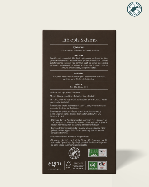 Ethiopia, Sidamo I Nespresso® Uyumlu Evde-Kompostlanabilir Kapsül Kahve x 20 Adet